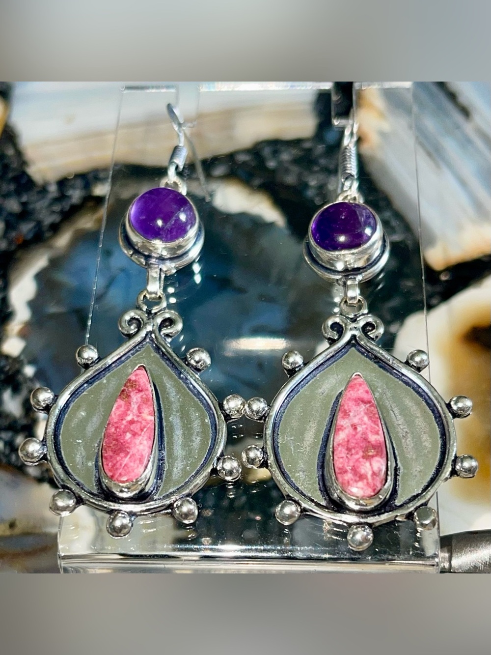 Bright Small Pink Thulite Earrings & Amethyst Crystal 2 1/2”